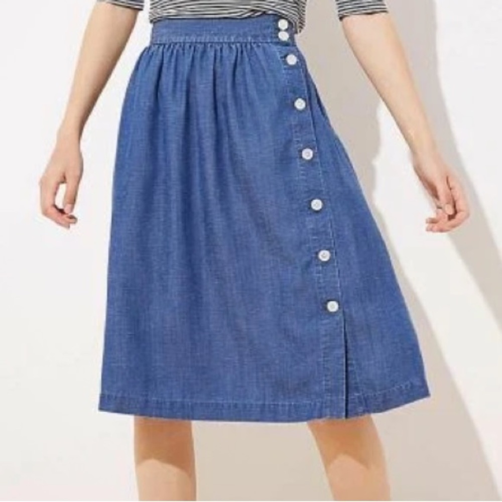 LOFT Blue Button-Front Denim Midi Skirt - Picture 5 of 12